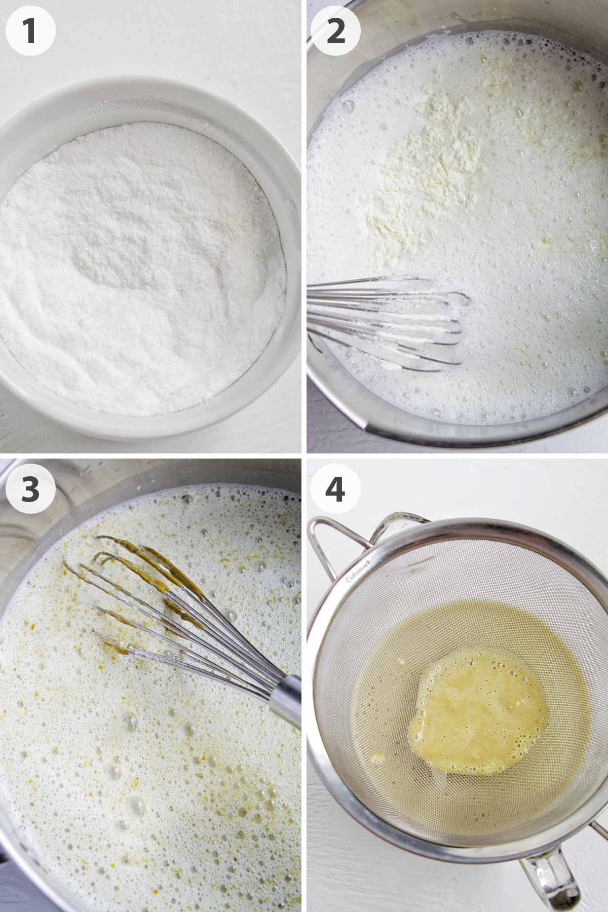 four numbered photos showing how to make pistachio gelato base.