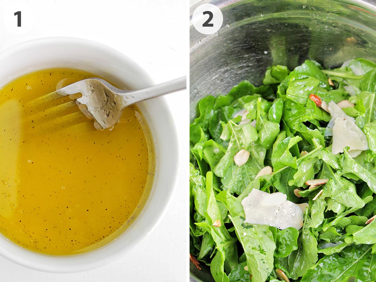two numbered photos showing how to make lemon vinaigrette and toss with arugula.