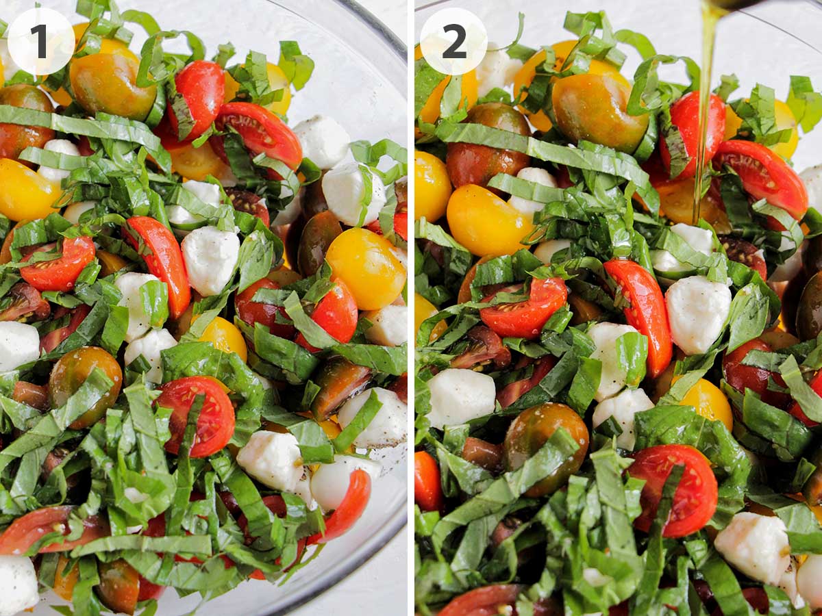 two numbered photos showing how to mix and dress caprese salad.