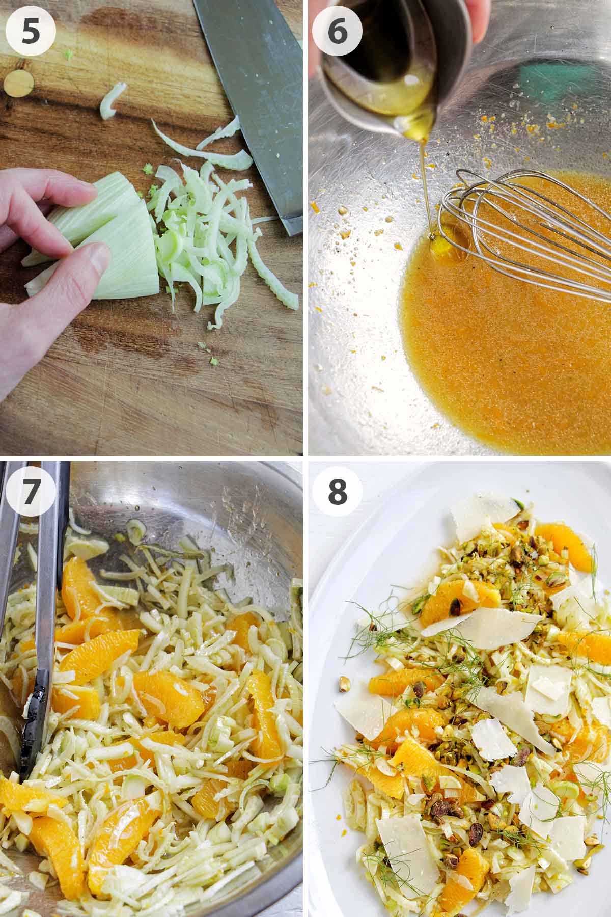 four numbered photos showing how to make orange vinaigrette and mixing fennel salad.