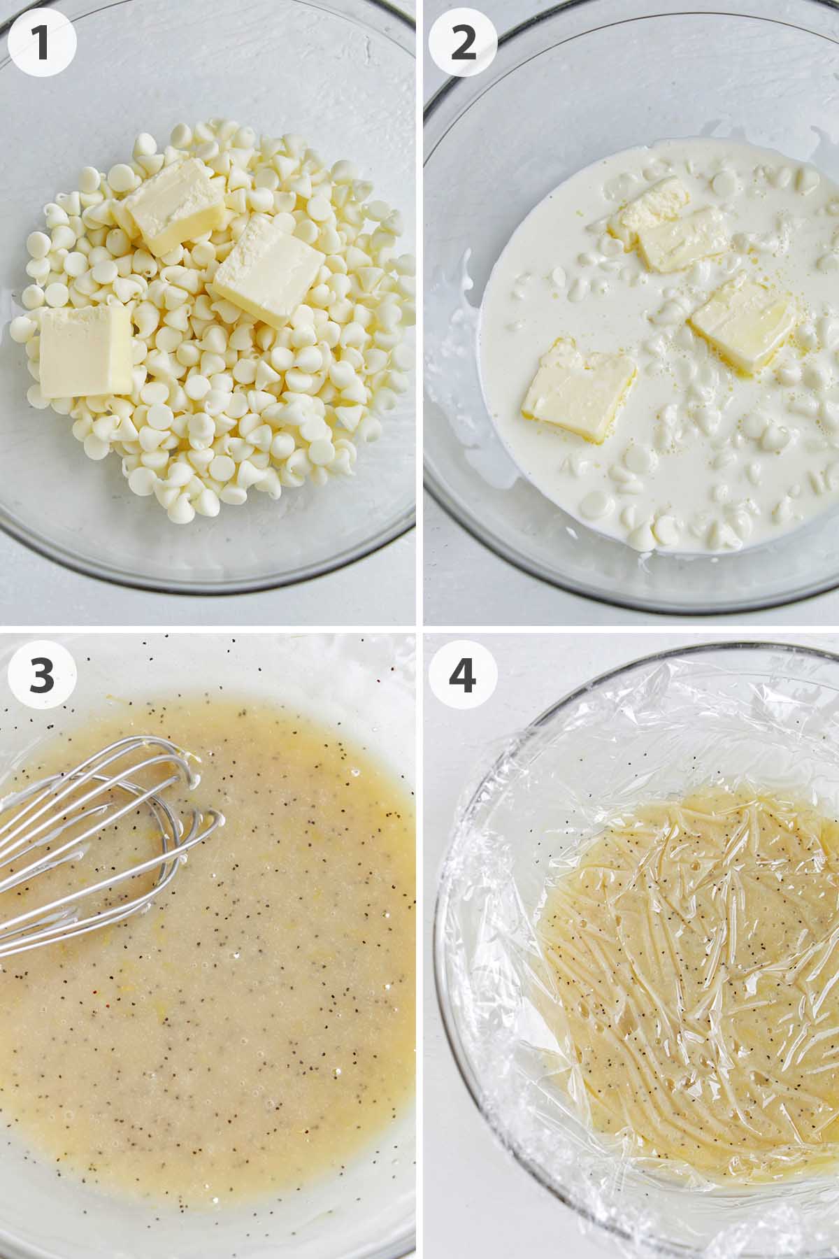 four numbered photos showing how to make lemon flavored ganache.