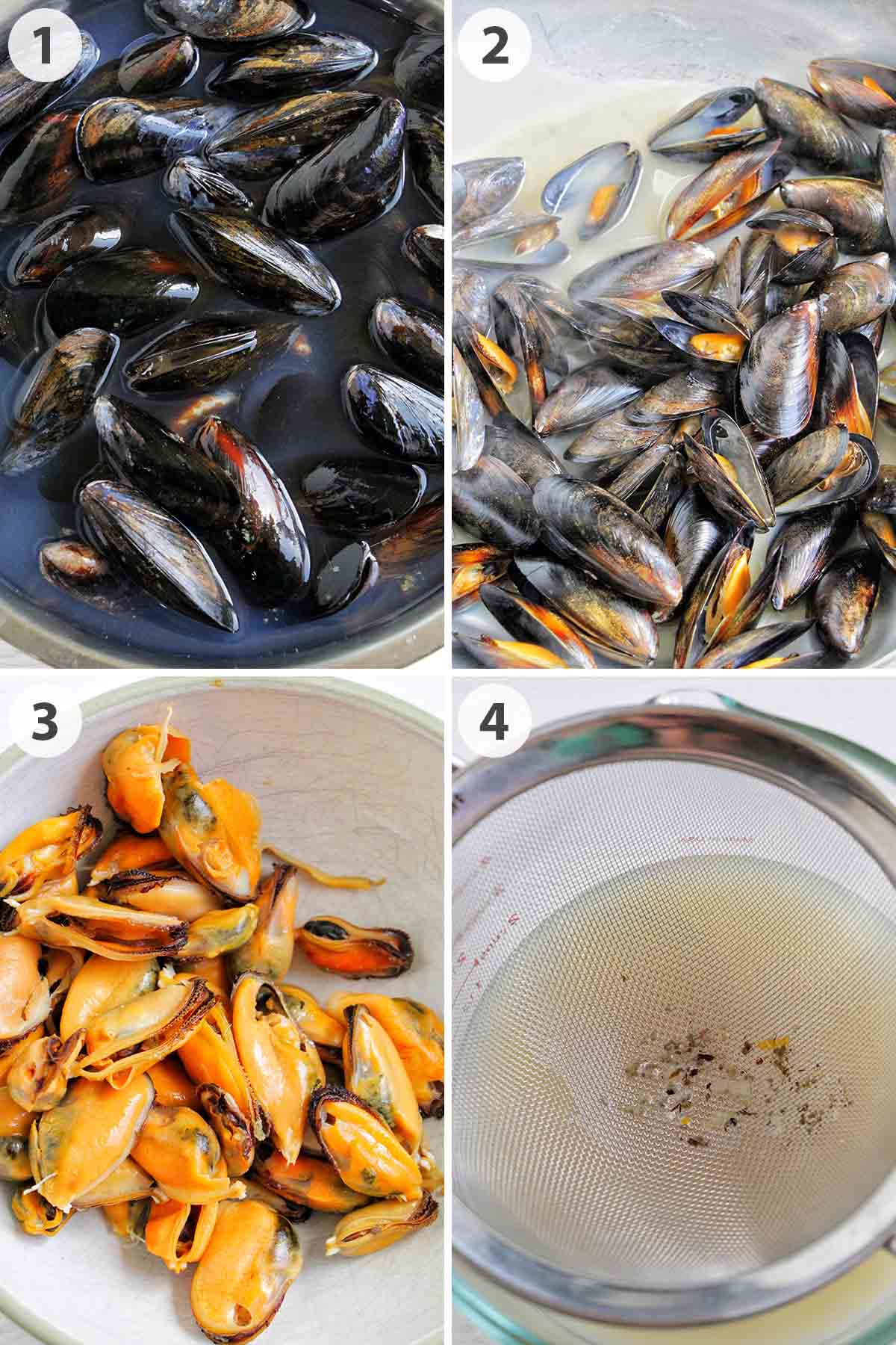 four numbered photos showing how to prepare mussels for pasta.