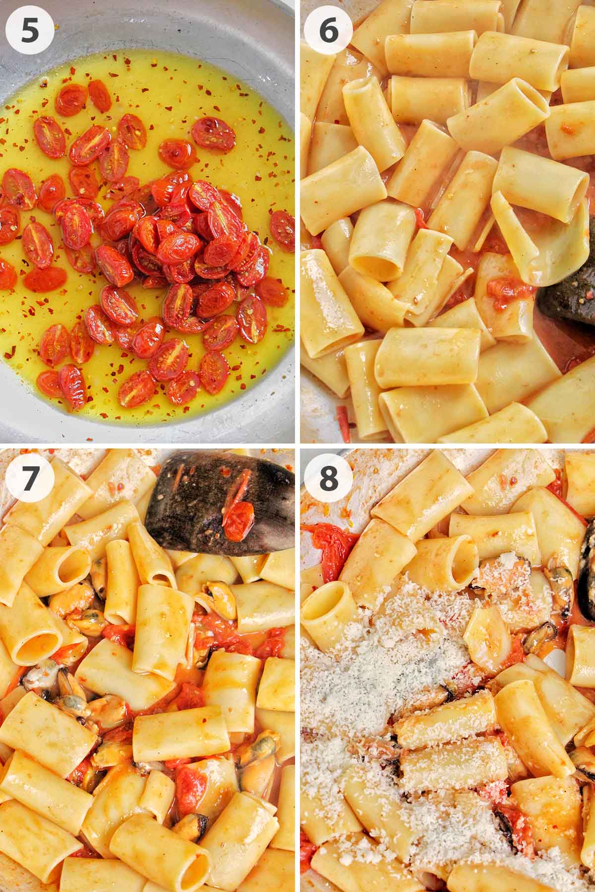 four numbered photos showing how to saute paccheri pasta.
