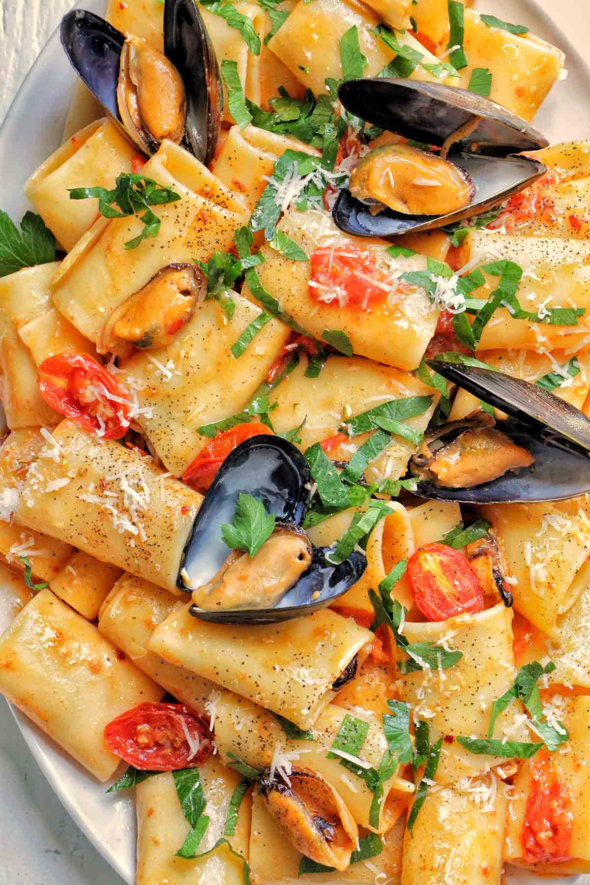 paccheri pasta with mussels and tomatoes.