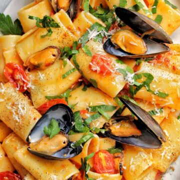 paccheri pasta with mussels and tomatoes.