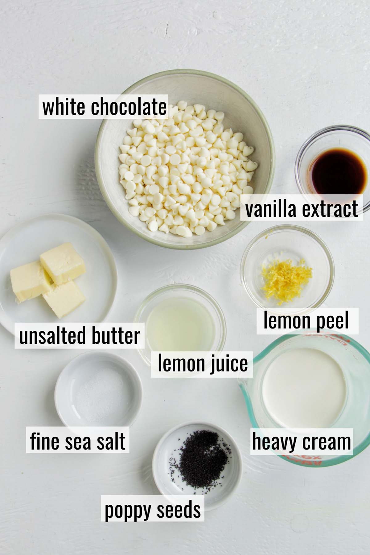 lemon poppy seed ganache ingredients with labels.