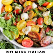 cherry tomato caprese salad with text overlay.
