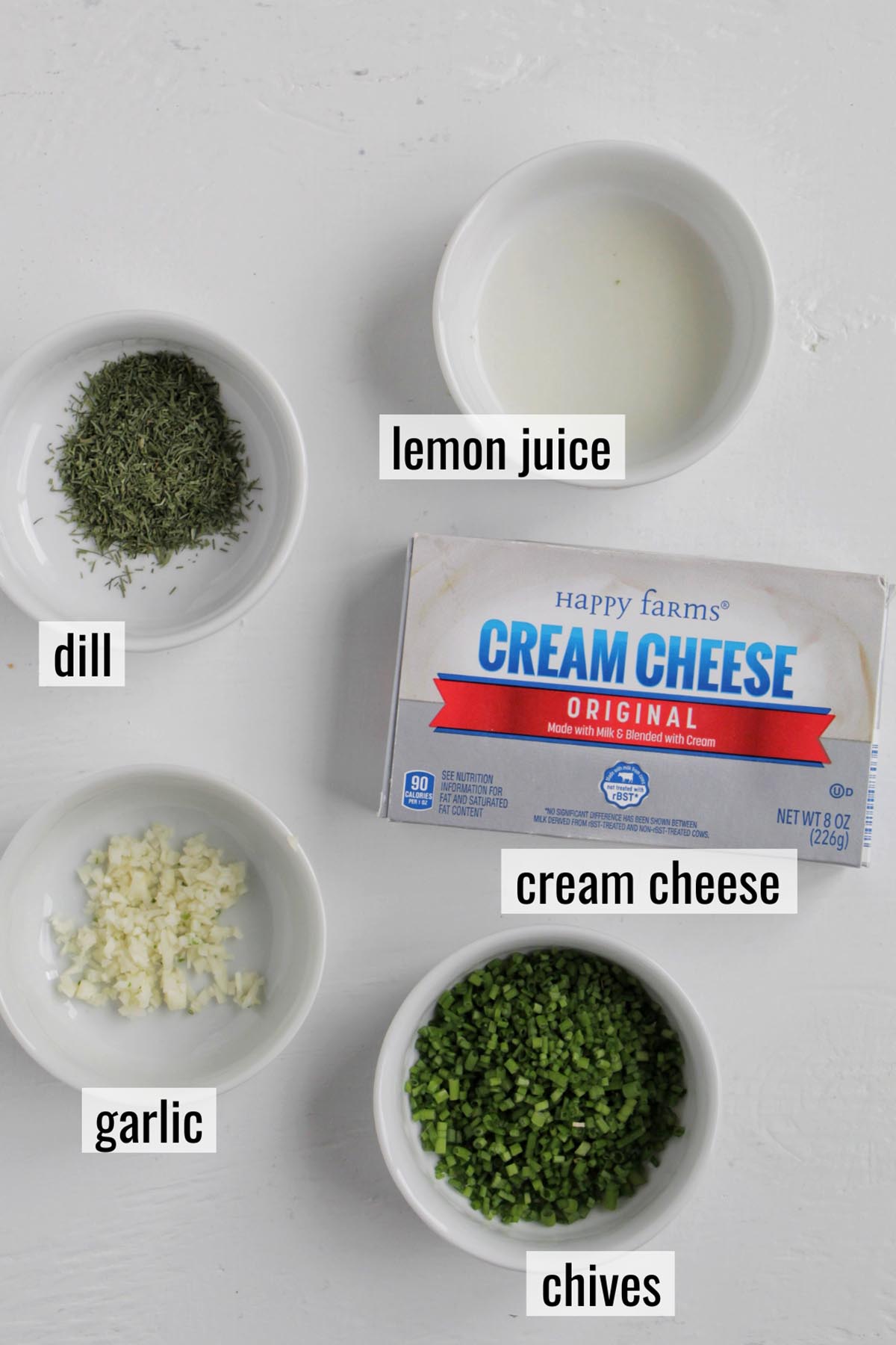 herb cream cheese ingredients with labels.