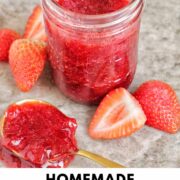 strawberry jam in jar with text overlay.