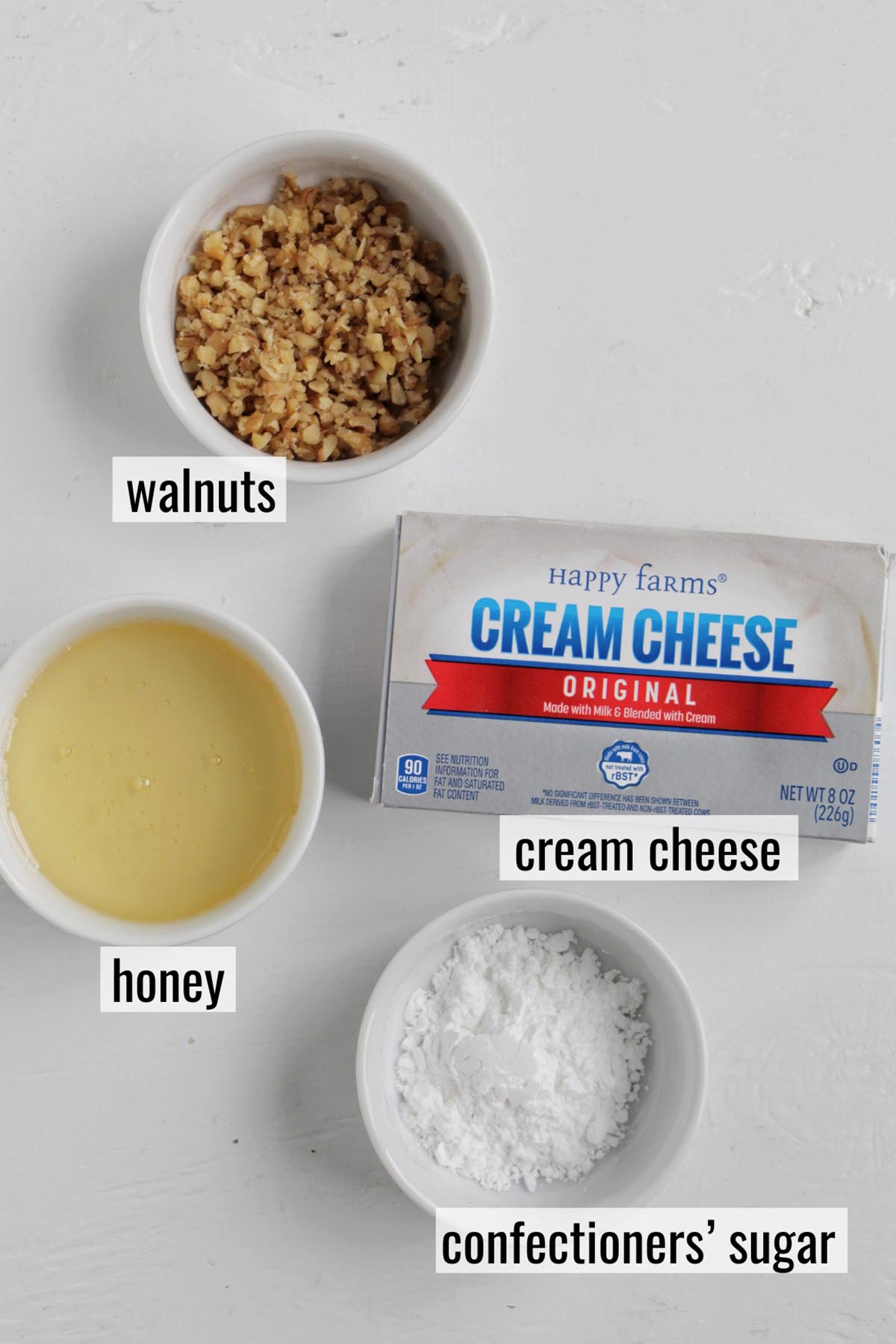 honey walnut cream cheese ingredients with labels.