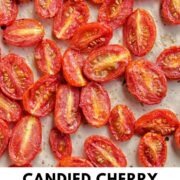 candied tomatoes with text overlay.