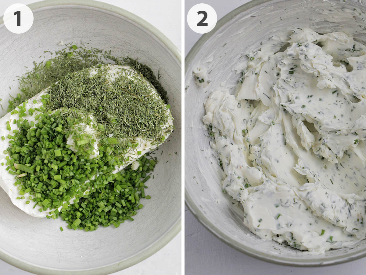 two numbered photos showing how to mix herb cream cheese.