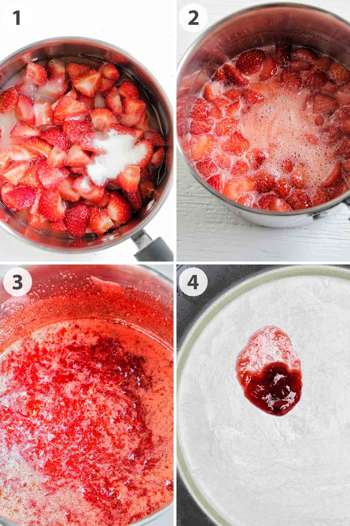 four numbered photos showing how to make strawberry jam.