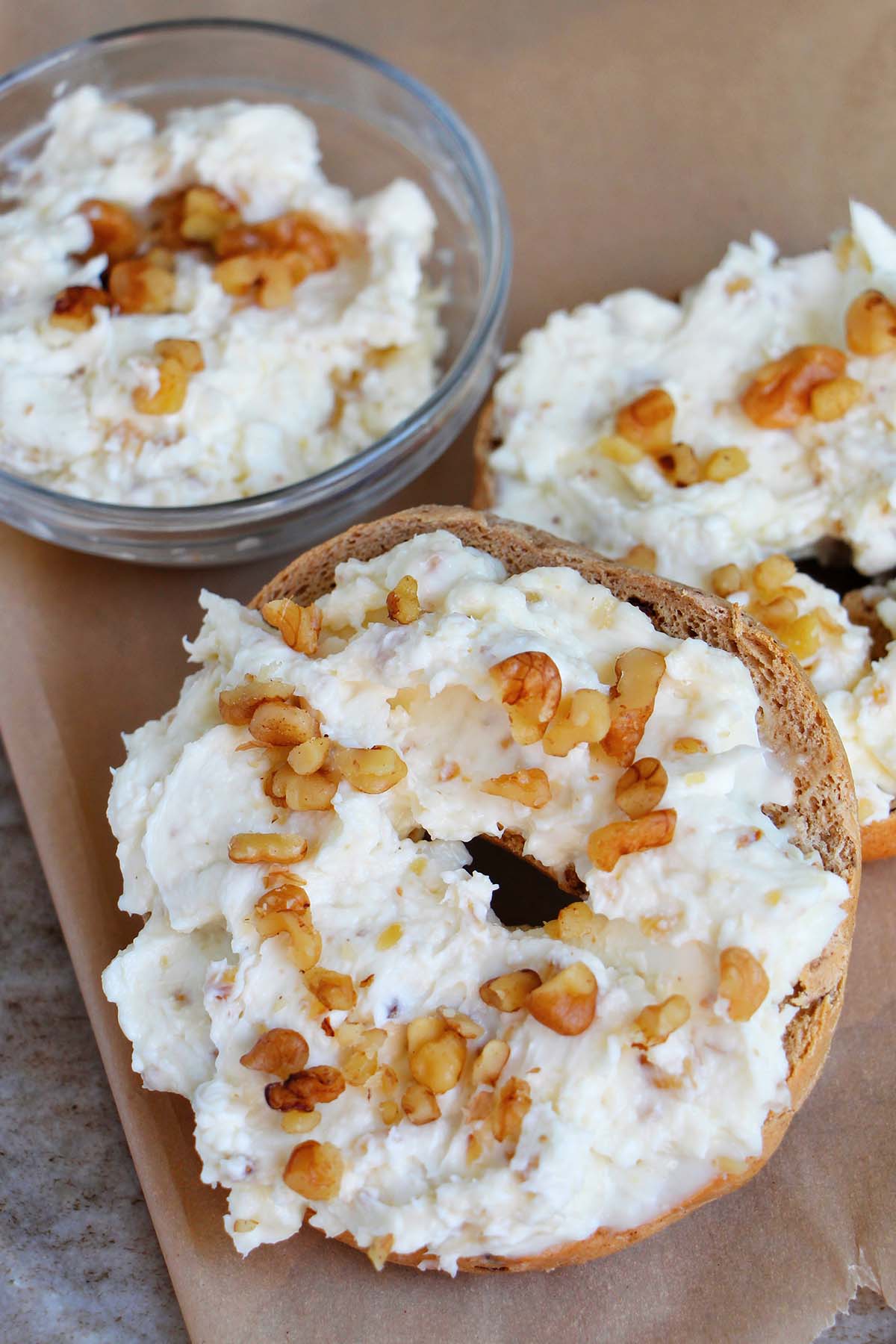bagel with honey walnut cream cheese.