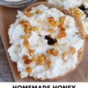 honey walnut cream cheese bagel with text overlay.