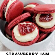strawberry jam macarons with text overlay.