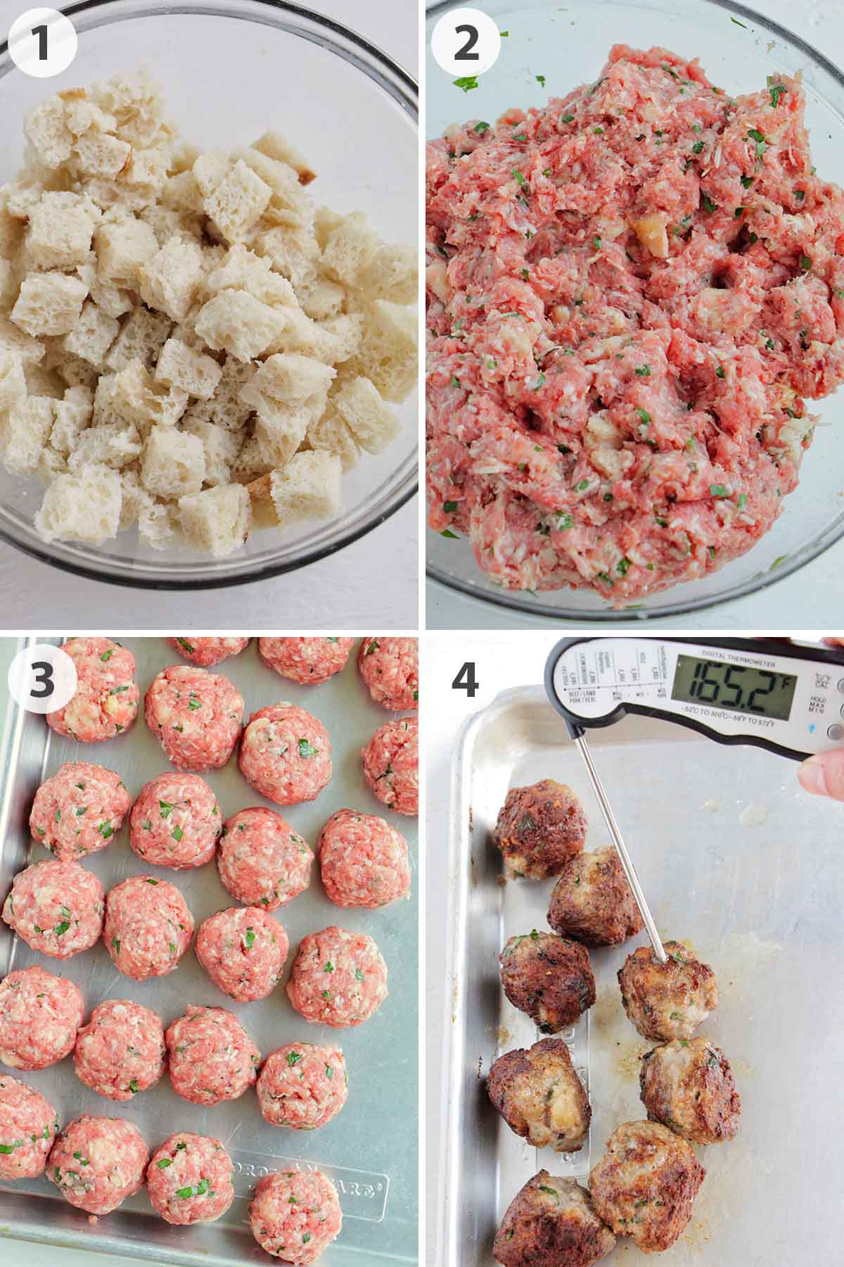 four numbered photos showing how to make Italian meatballs.
