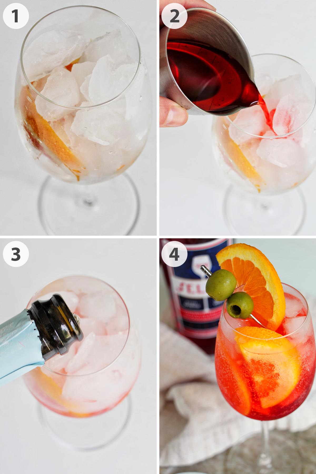 four numbered photos showing how to make a Select spritz.
