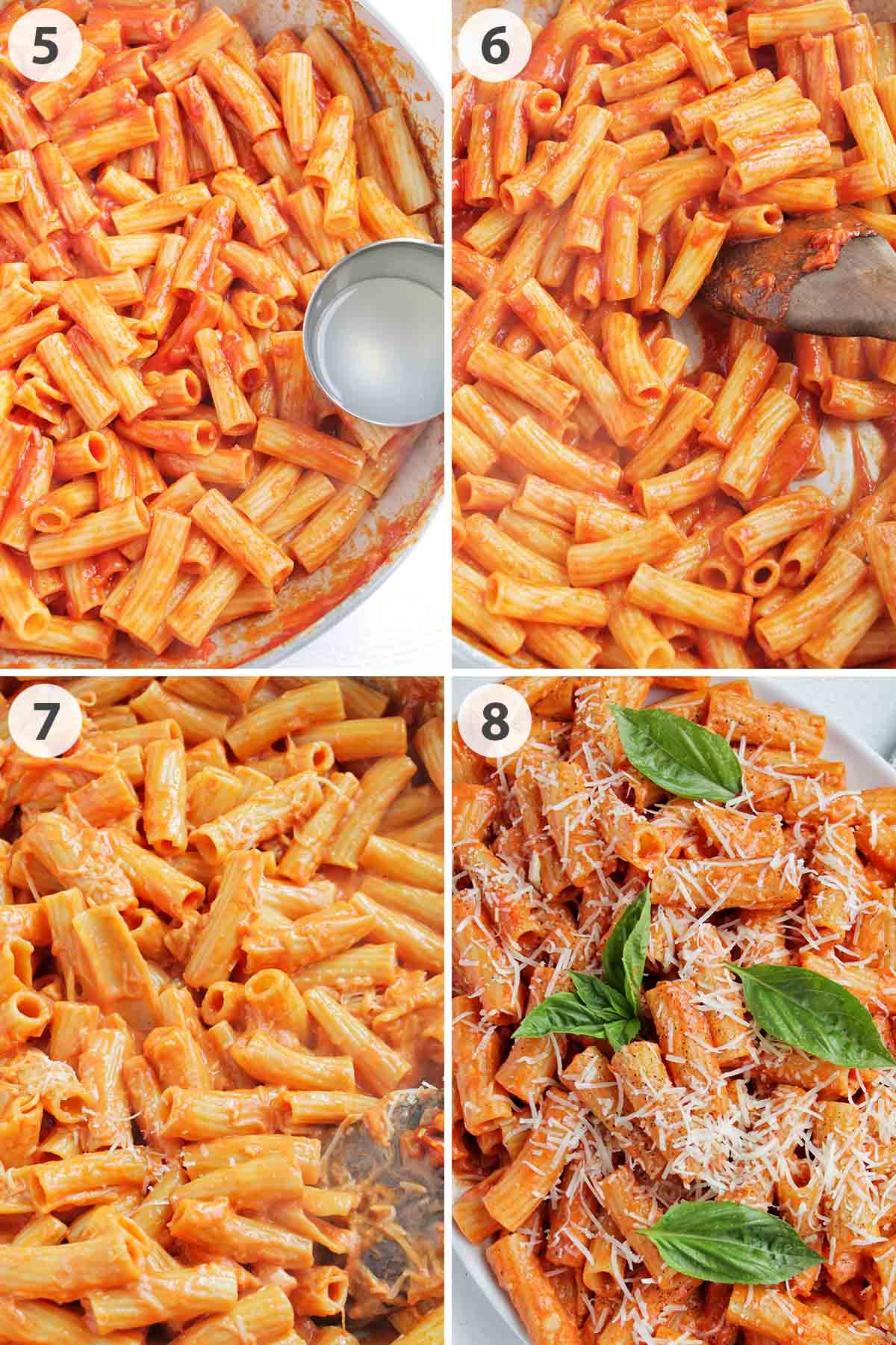 four numbered photos showing how to saute vodka pasta sauce.