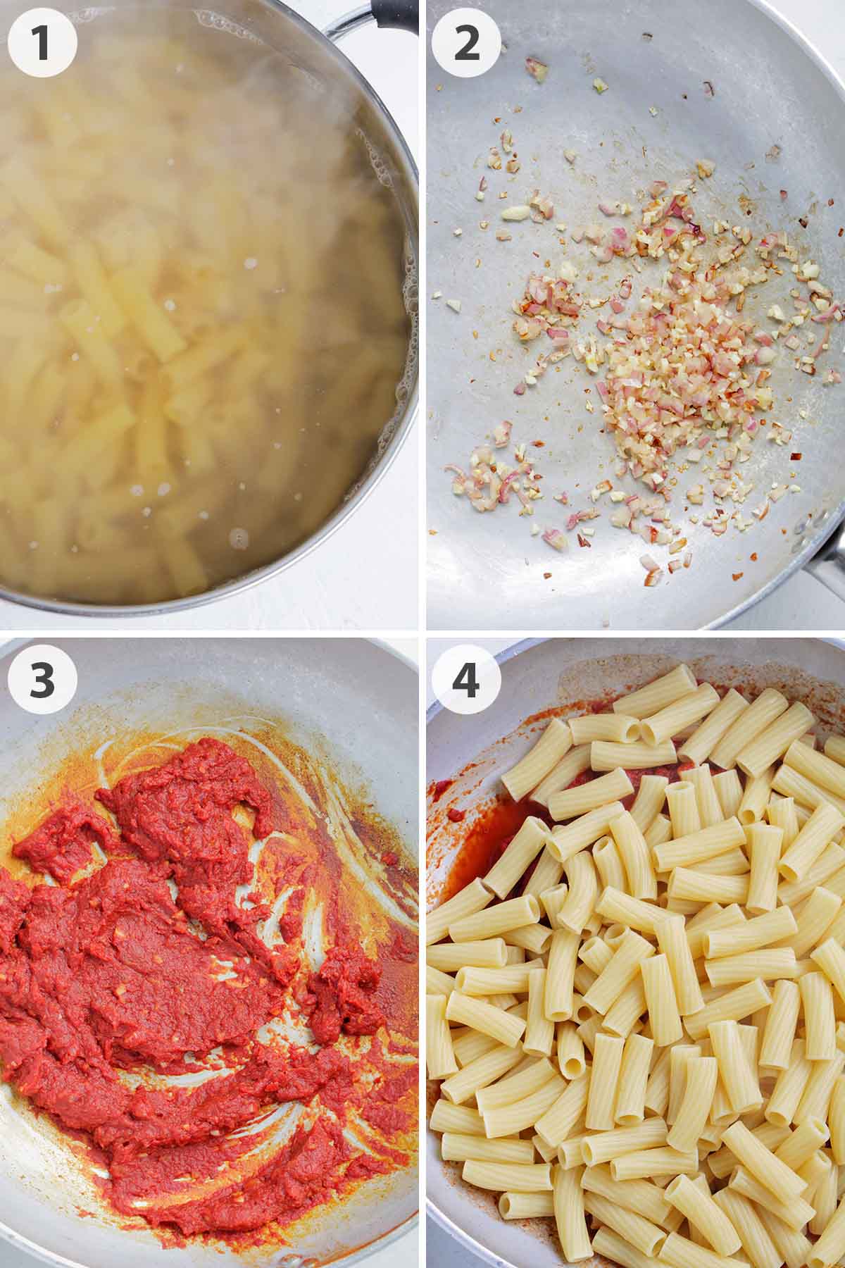 four numbered photos showing how to make spicy vodka pasta.