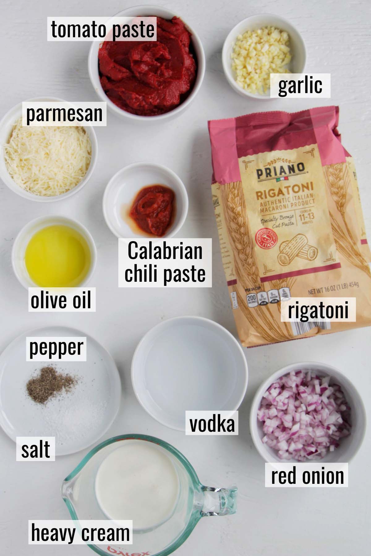 spicy vodka pasta ingredients with labels.