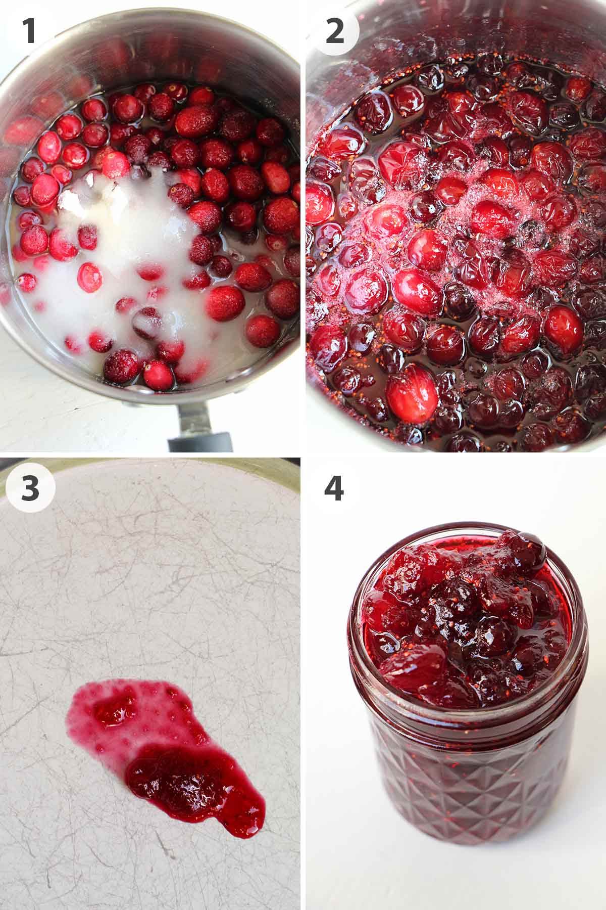 four numbered photos showing how to make cranberry jam.