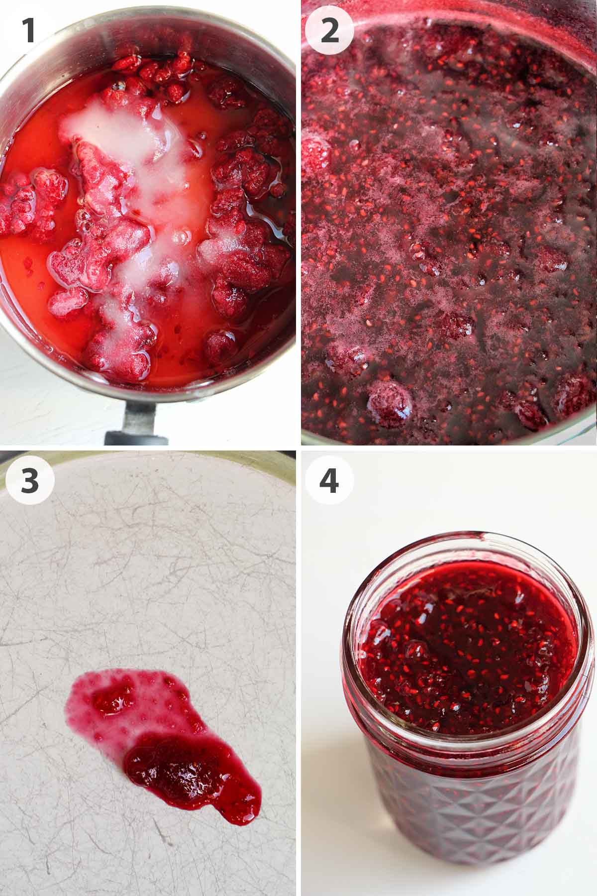 four numbered photos showing how to make raspberry jam.