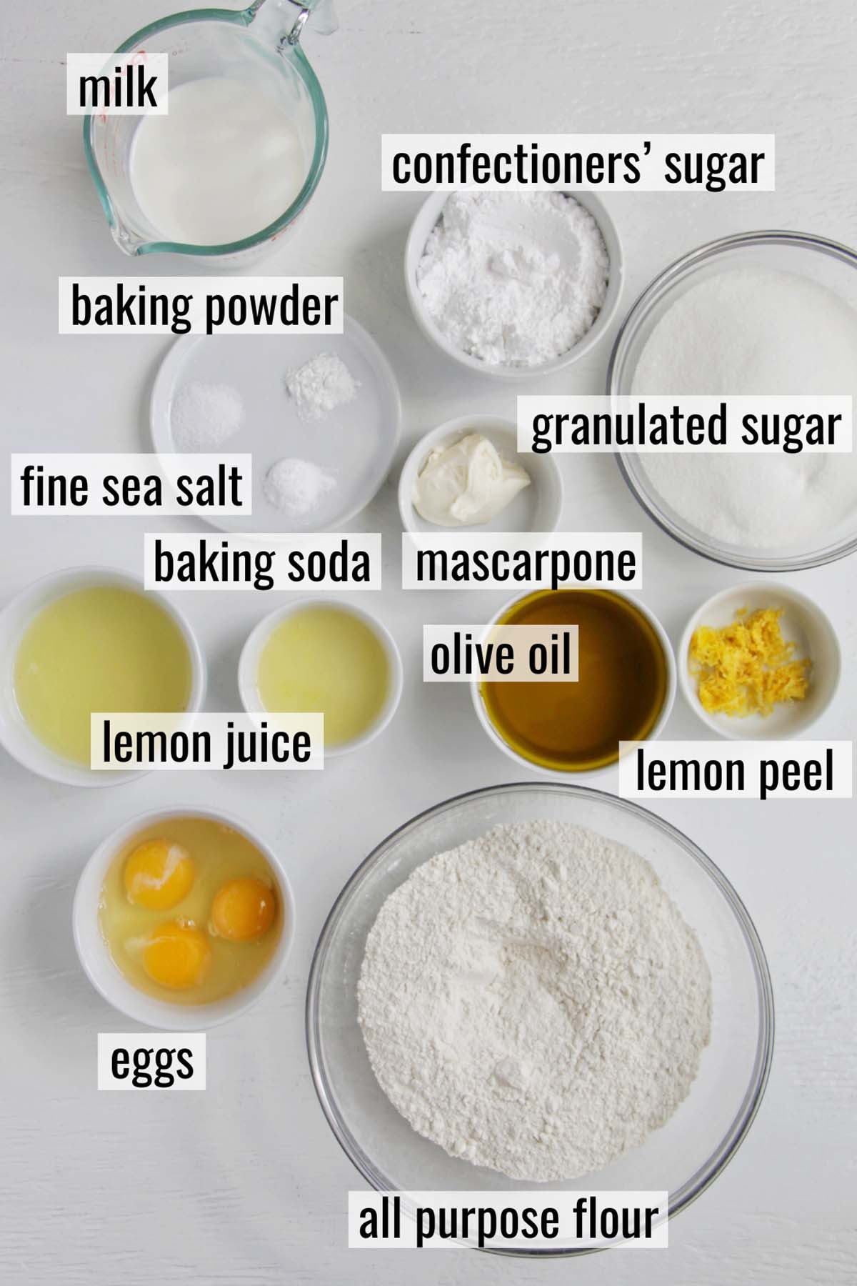 lemon olive oil cake ingredients with labels.