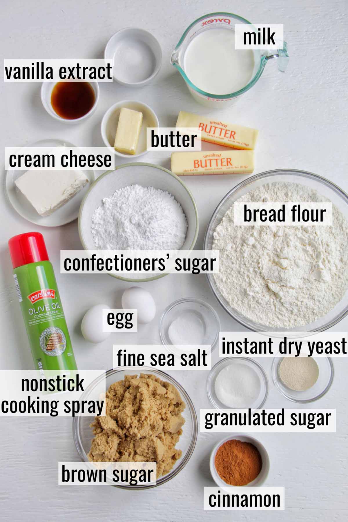 cinnamon roll ingredients with labels.