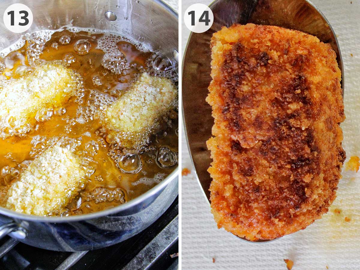 two numbered photos showing how to fry supplì.