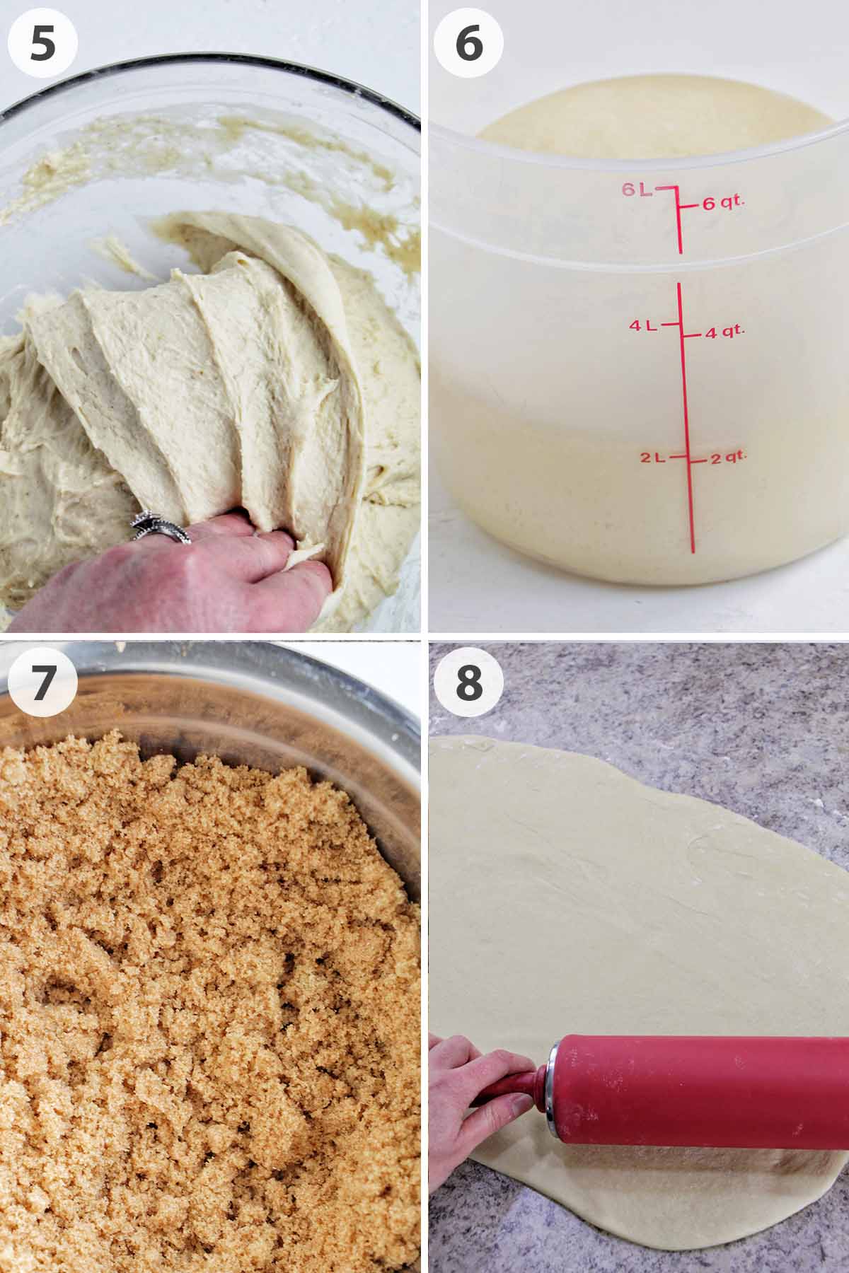 four numbered photos showing how to rise dough, make filling, and roll cinnamon roll dough.