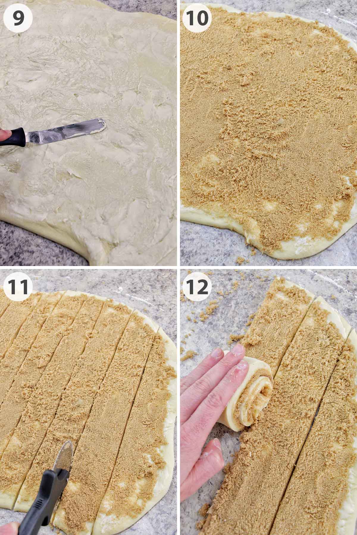 four numbered photos showing how to fill and roll cinnamon rolls.