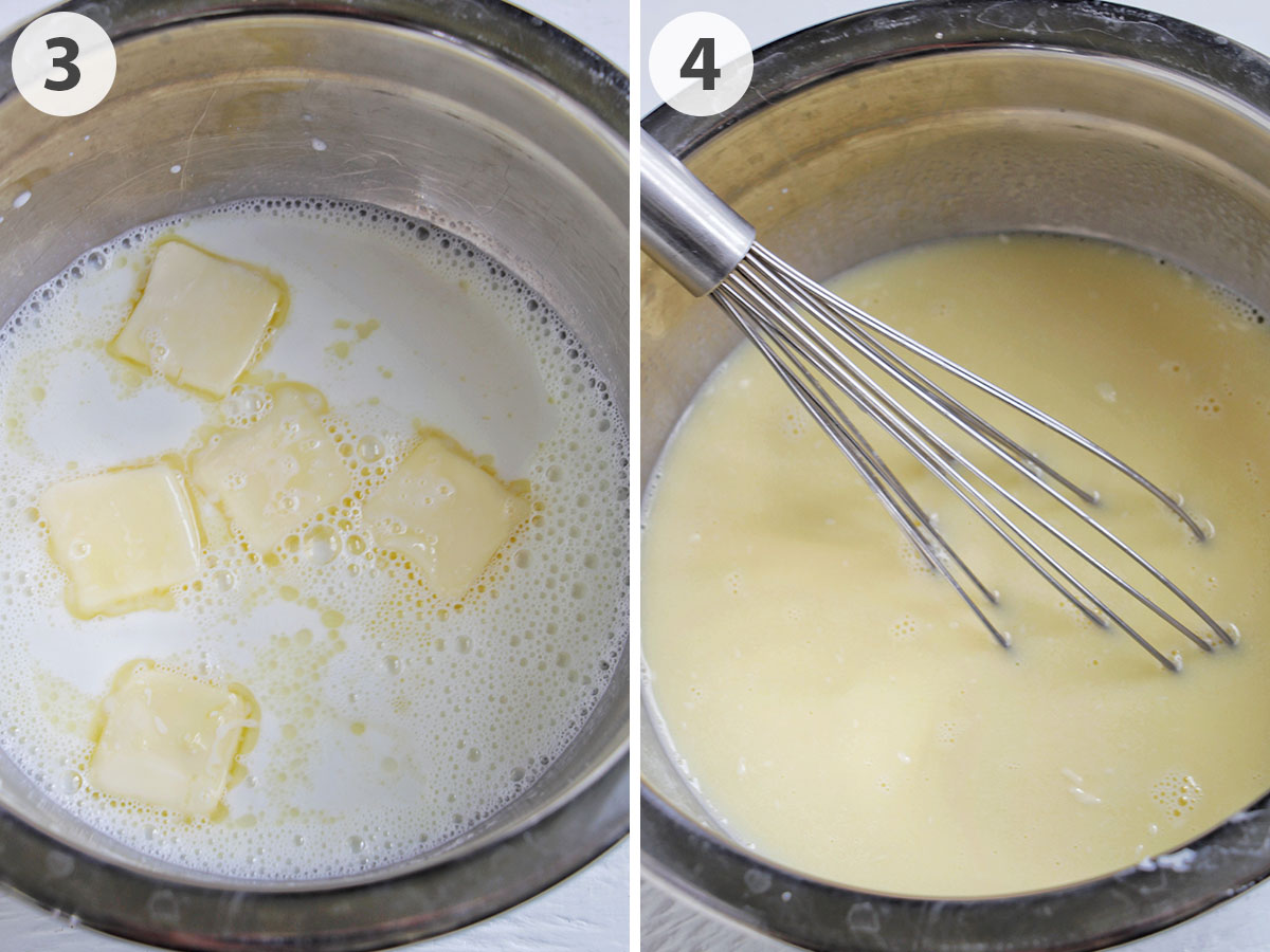 two numbered photos showing mixing butter into milk.