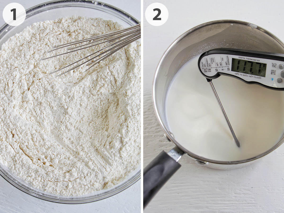 two numbered photos showing how to mix dry ingredients and meat milk for cinnamon rolls.