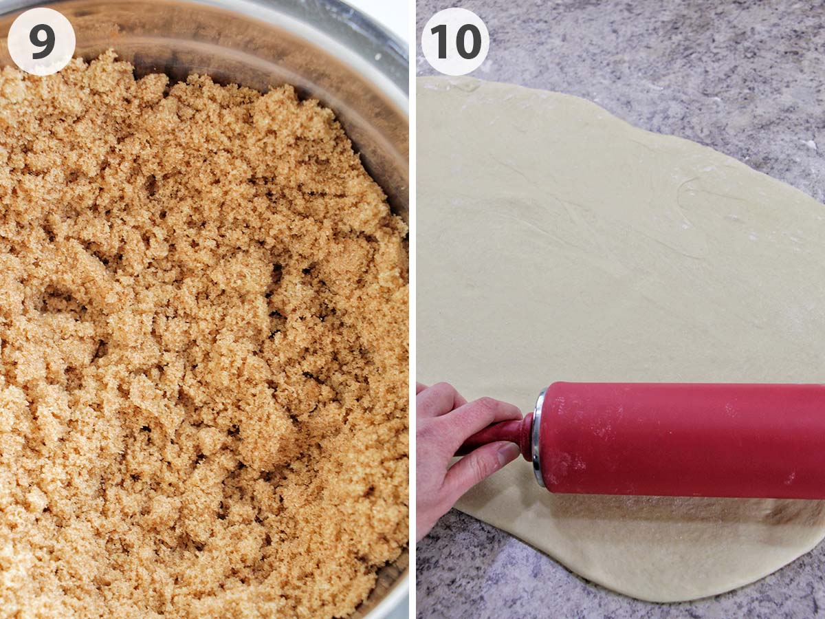 two numbered photos showing cinnamon roll filling and rolling out the dough.
