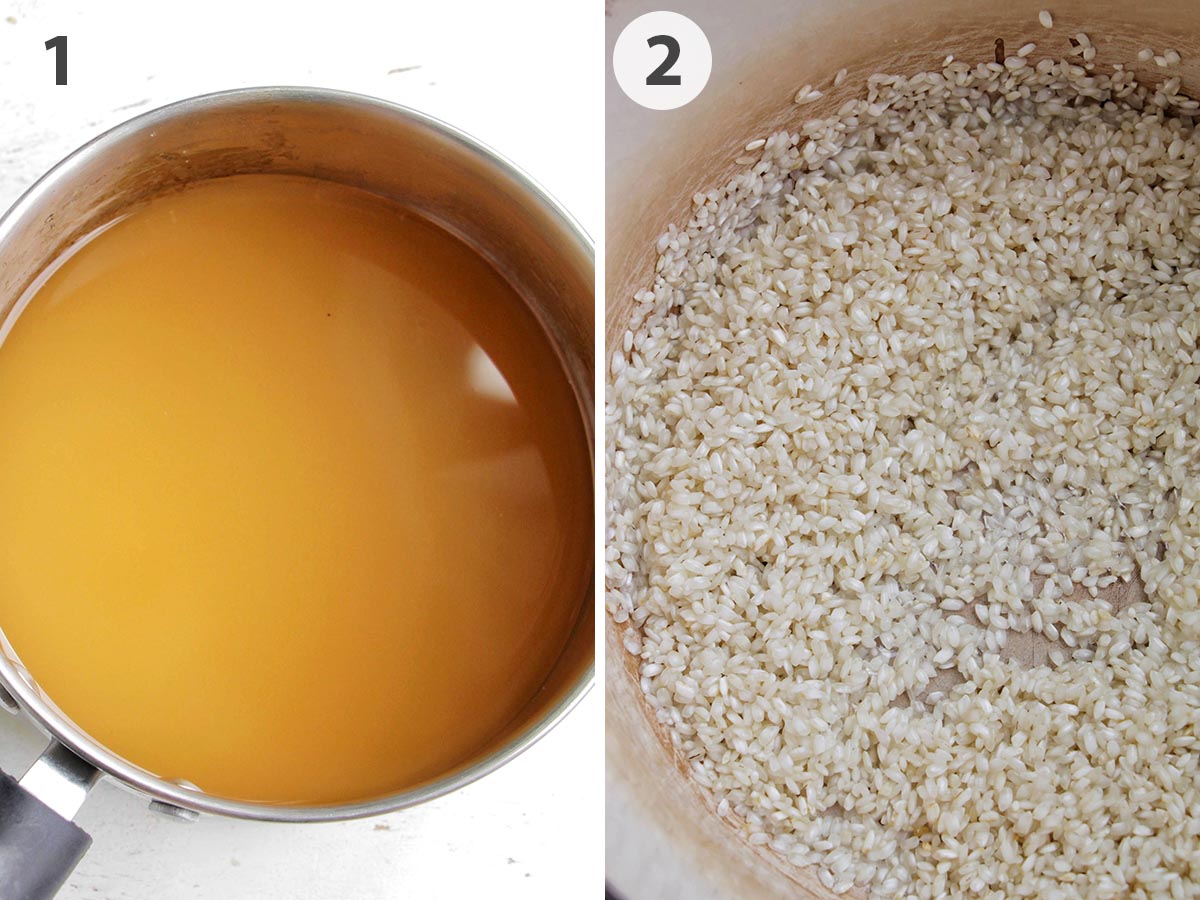 two numbered photos showing heating broth and toasting rice.