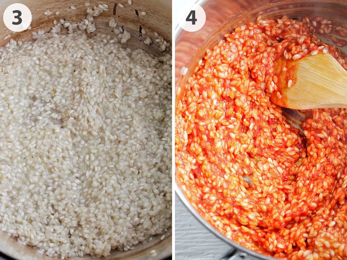two numbered photos showing cooking risotto rice with wine and tomato paste.