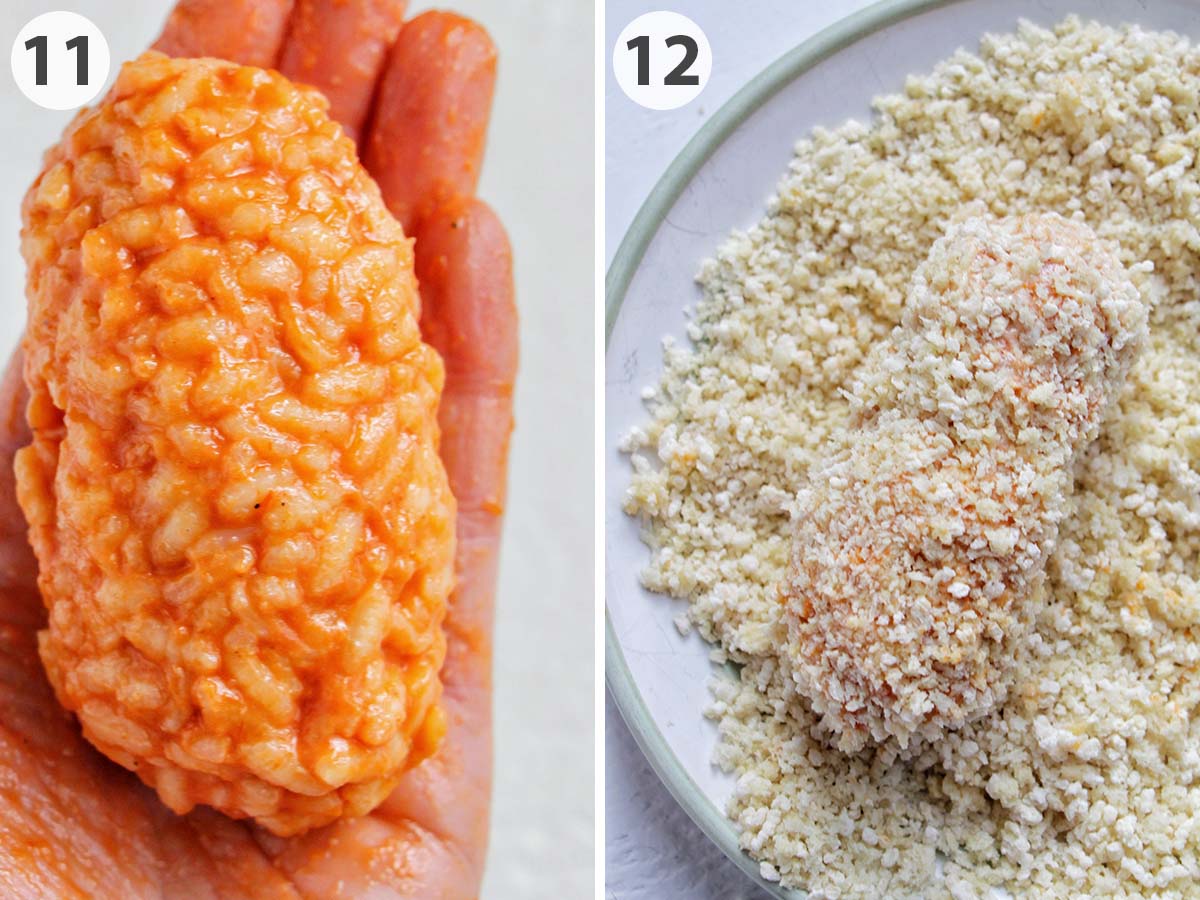 two numbered photos showing rolling suppli and coating in breadcrumbs.