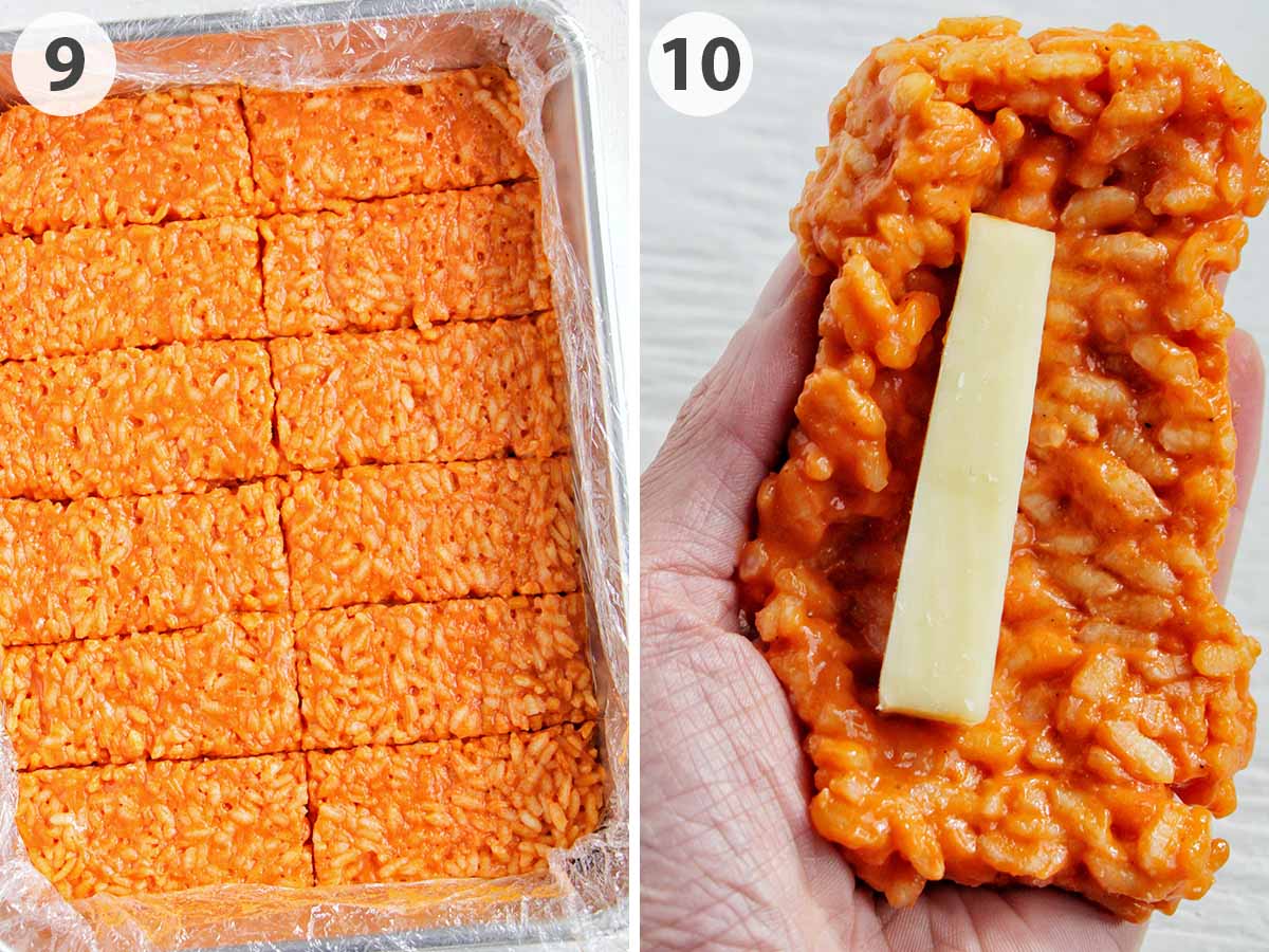 two numbered photos showing cooling risotto and rolling cheese in the middle.