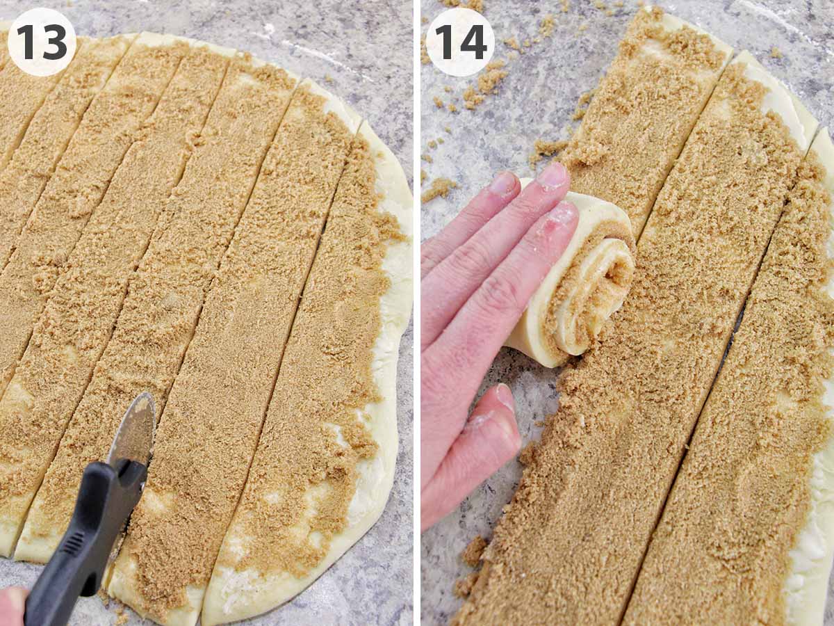 two numbered photos showing how to cut and roll cinnamon rolls.