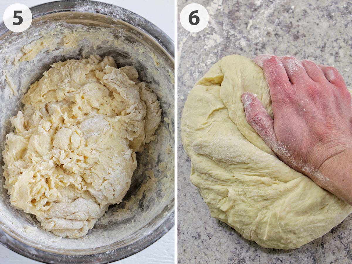 two numbered photos showing how to knead cinnamon roll dough.