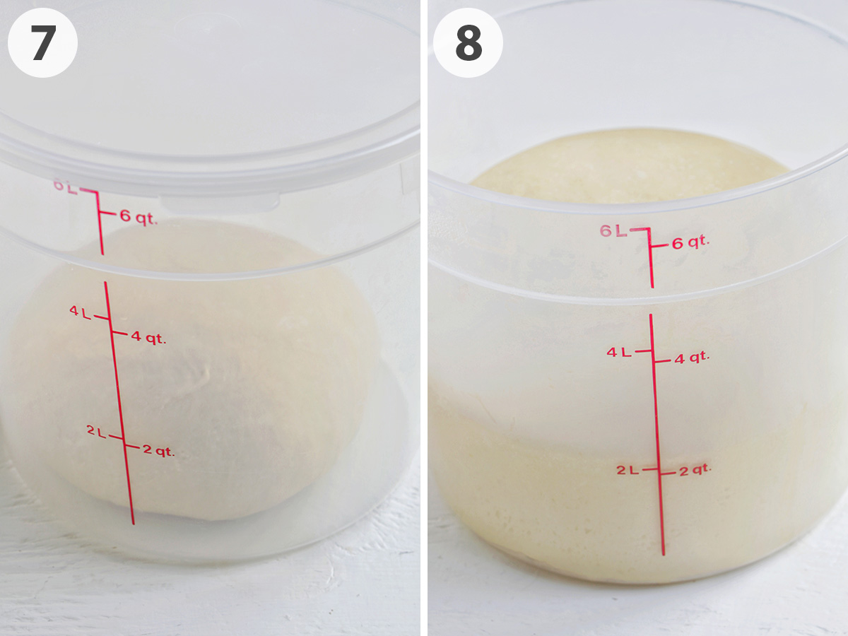 two numbered photos showing risen cinnamon roll dough.