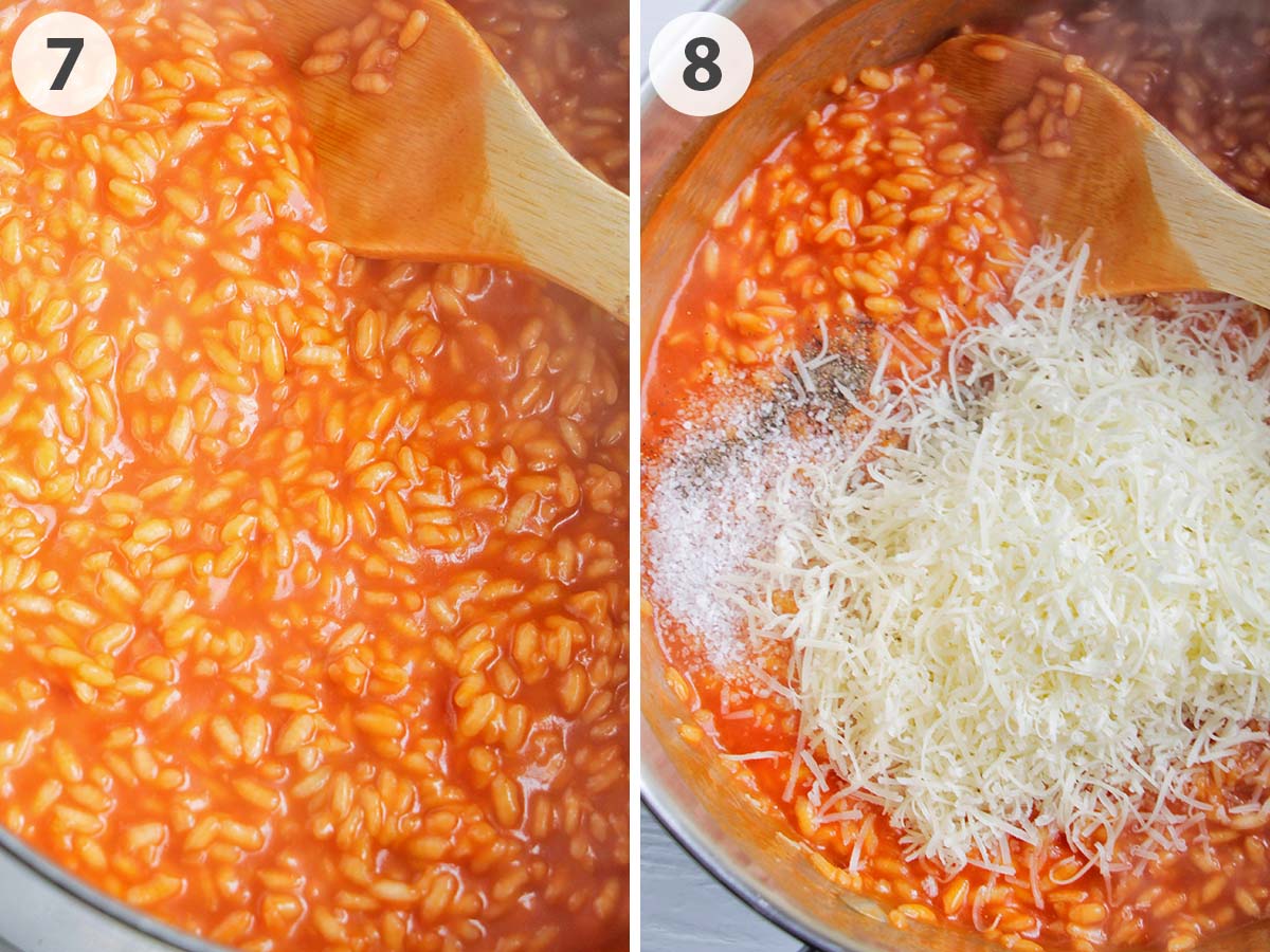 two numbered photos showing cooked risotto and adding cheese.
