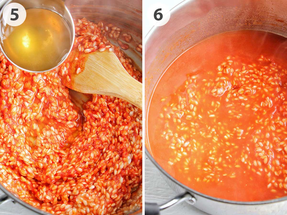 two numbered photos adding broth to risotto.