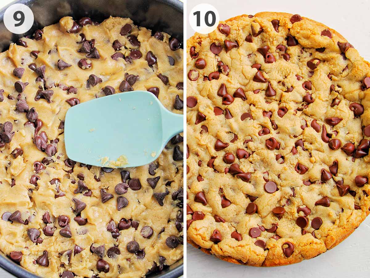 two numbered photos showing cookie dough in a pan and baked cookie cake.