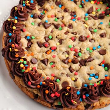 cookie cake with chocolate frosting.