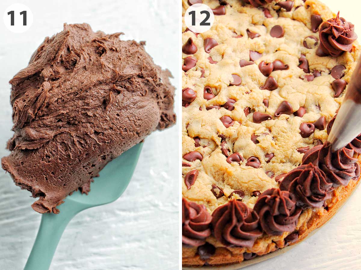 two numbered photos showing chocolate frosting and piping the frosting.
