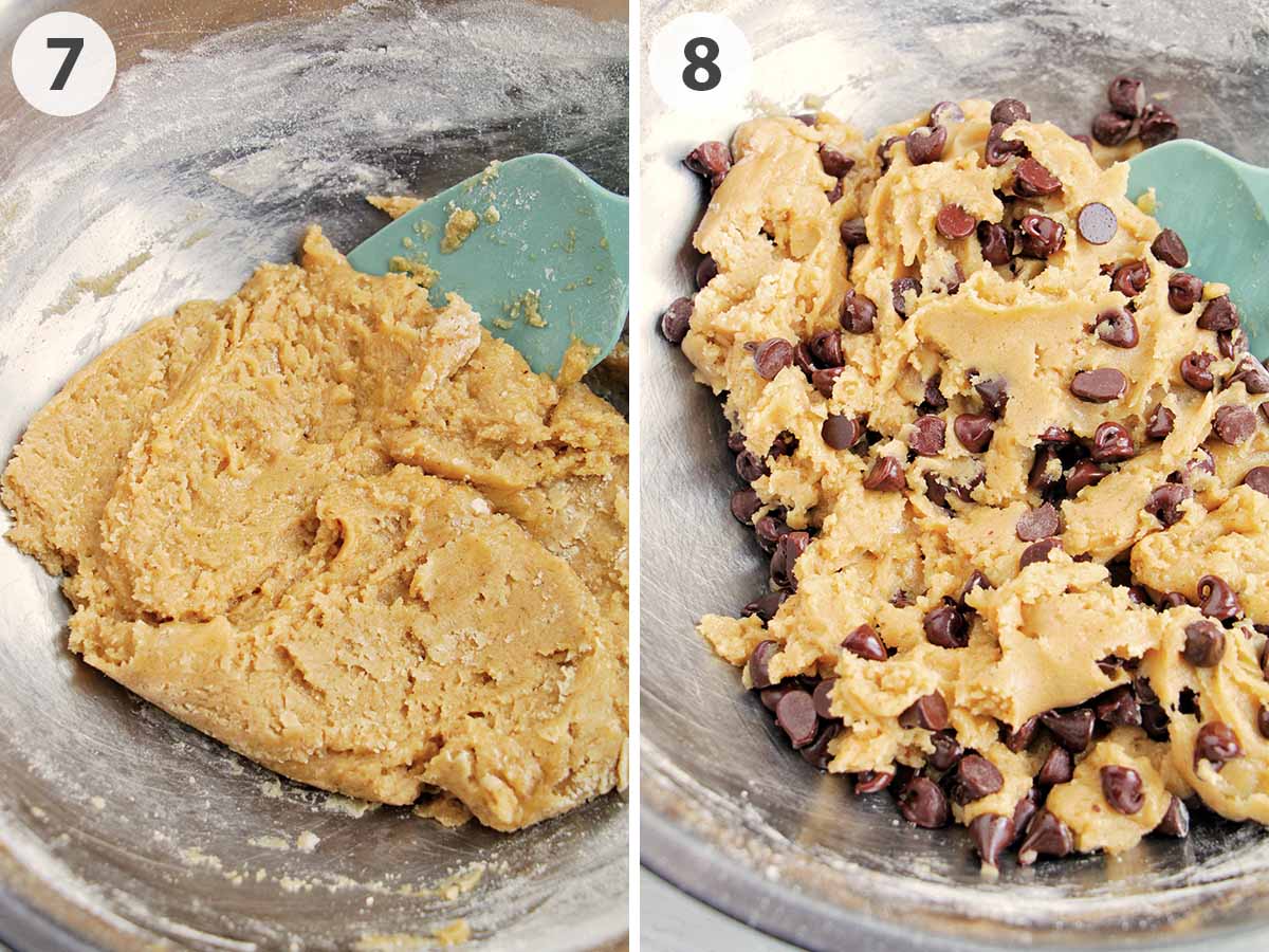 two numbered photos showing plain cookie dough and with chocolate chips.
