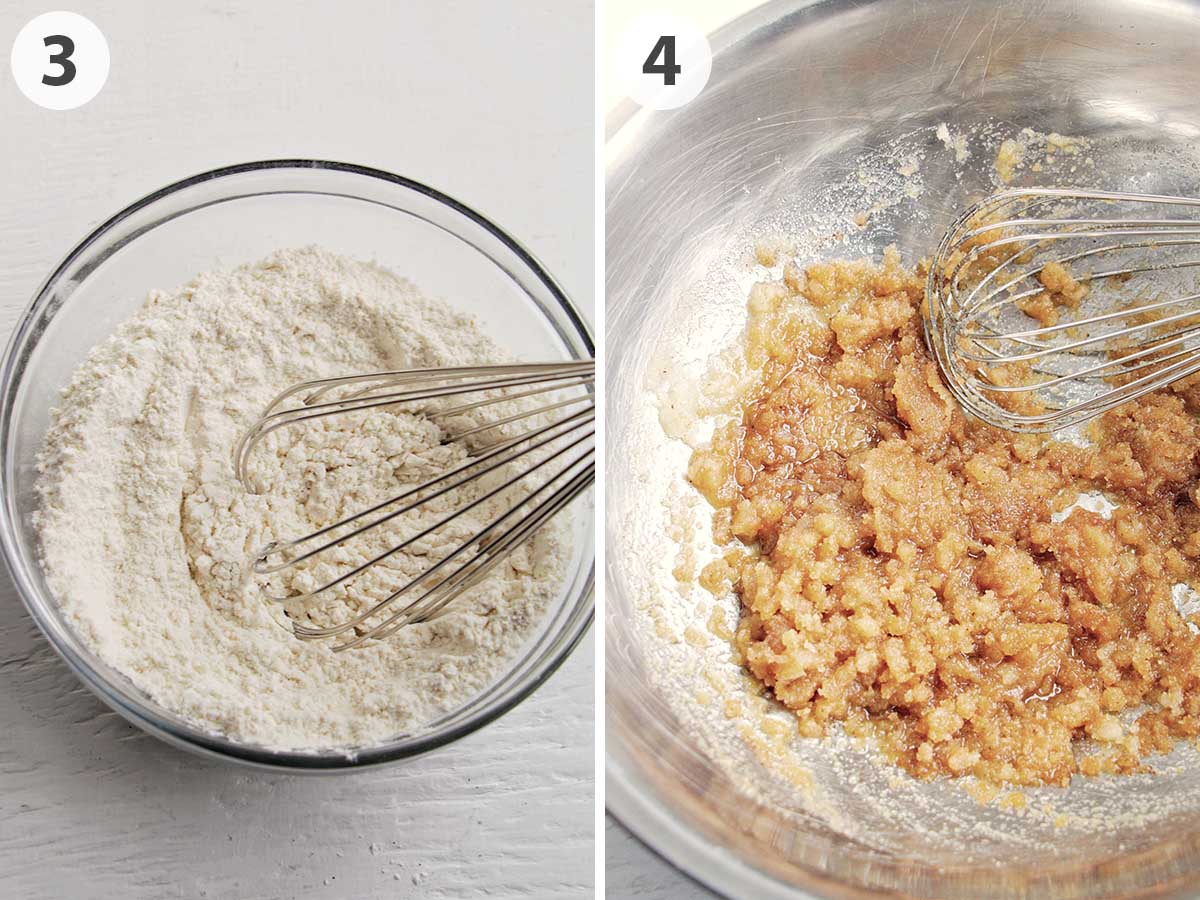 two numbered photos whisking dry ingredients and wet ingredients for cookie dough.