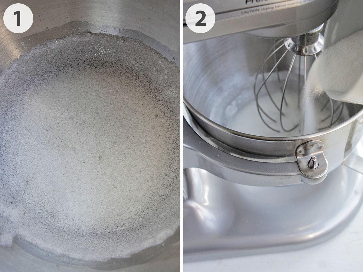 two numbered photos showing how to make French meringue.